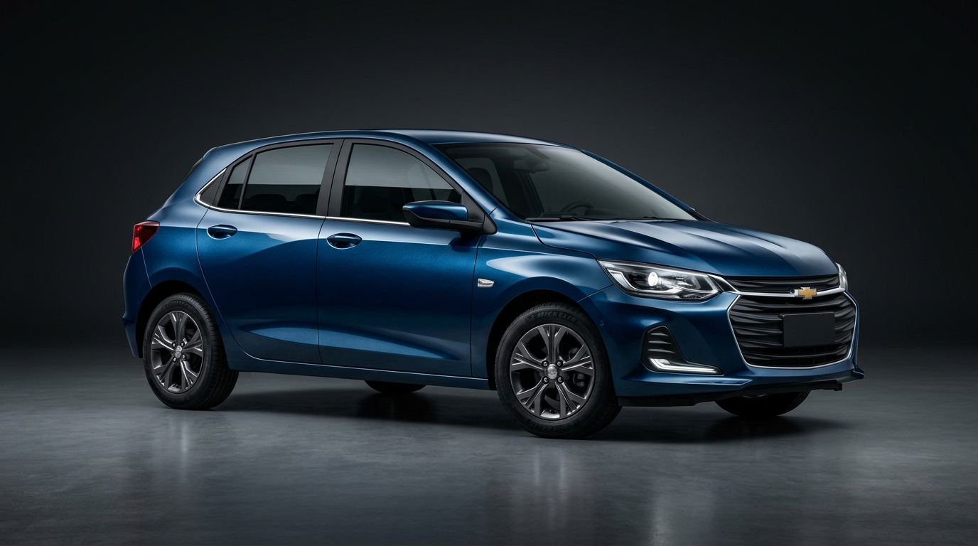Chevrolet Onix hatch azul visto de três quartos à frente